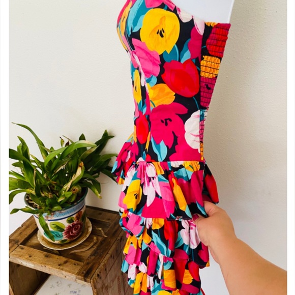 Strapless bright floral beruffled cotton dress. Classic 1980s Jay Jacobs dress. - Picture 4 of 5